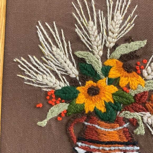 Cottagecore Handmade Wooden Framed Flowers In Pitcher Crewel Embroidery Wall Art - Picture 7 of 17